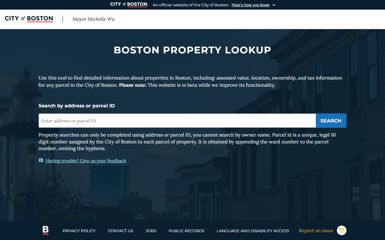 Boston property records lookup tool showing assessment data
