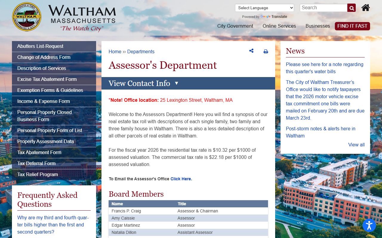 Waltham Assessor's Department property records page