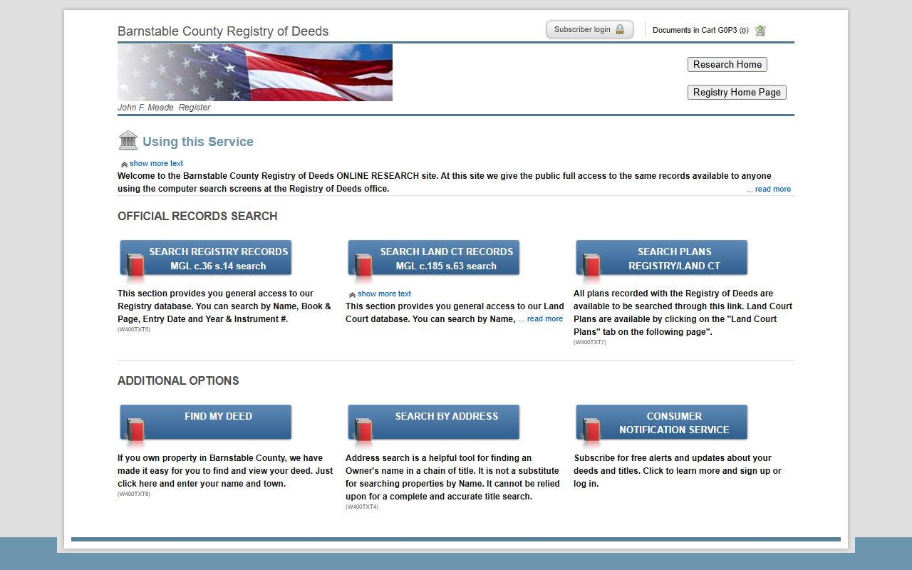 Barnstable County Registry of Deeds search portal for Barnstable County property records