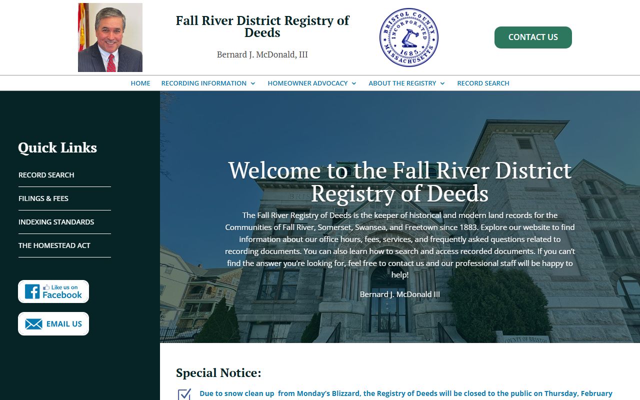 Fall River Registry of Deeds homepage for Bristol County property records