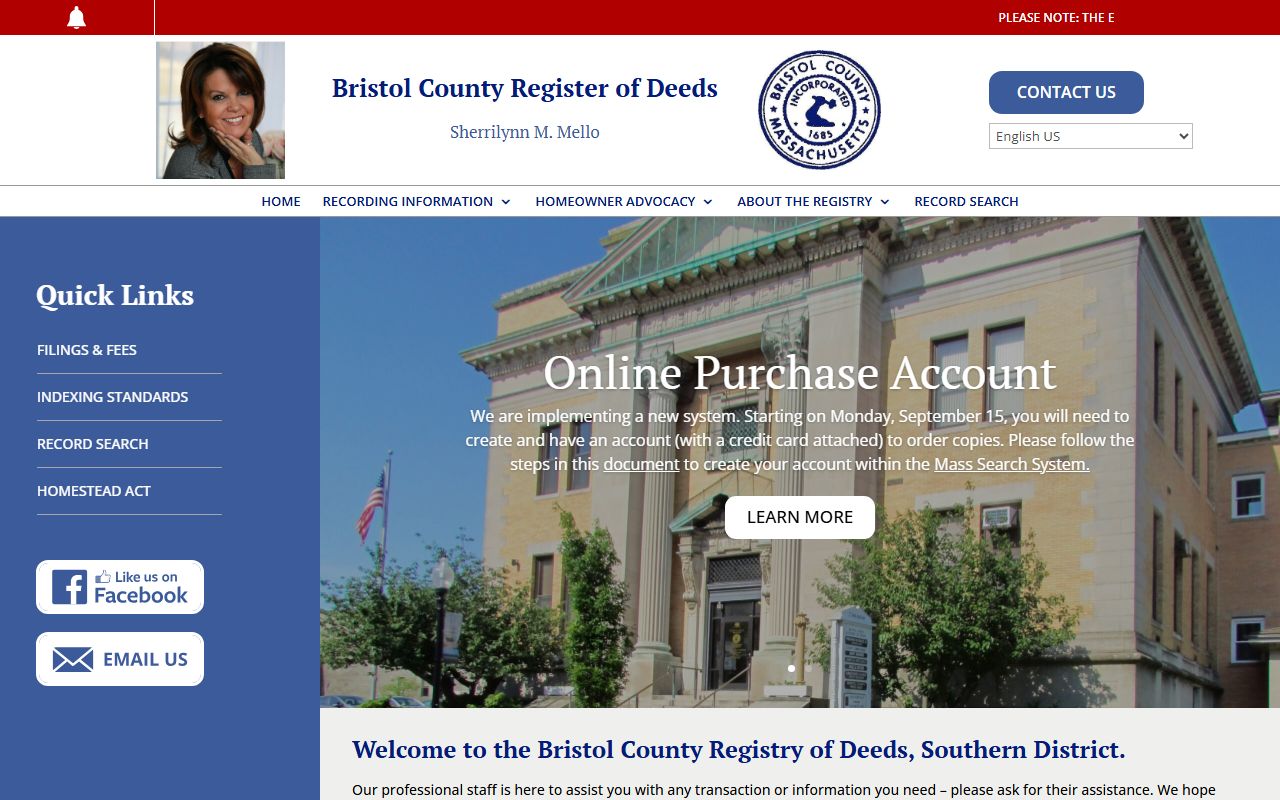 Southern Bristol Registry of Deeds homepage for Bristol County property records in New Bedford