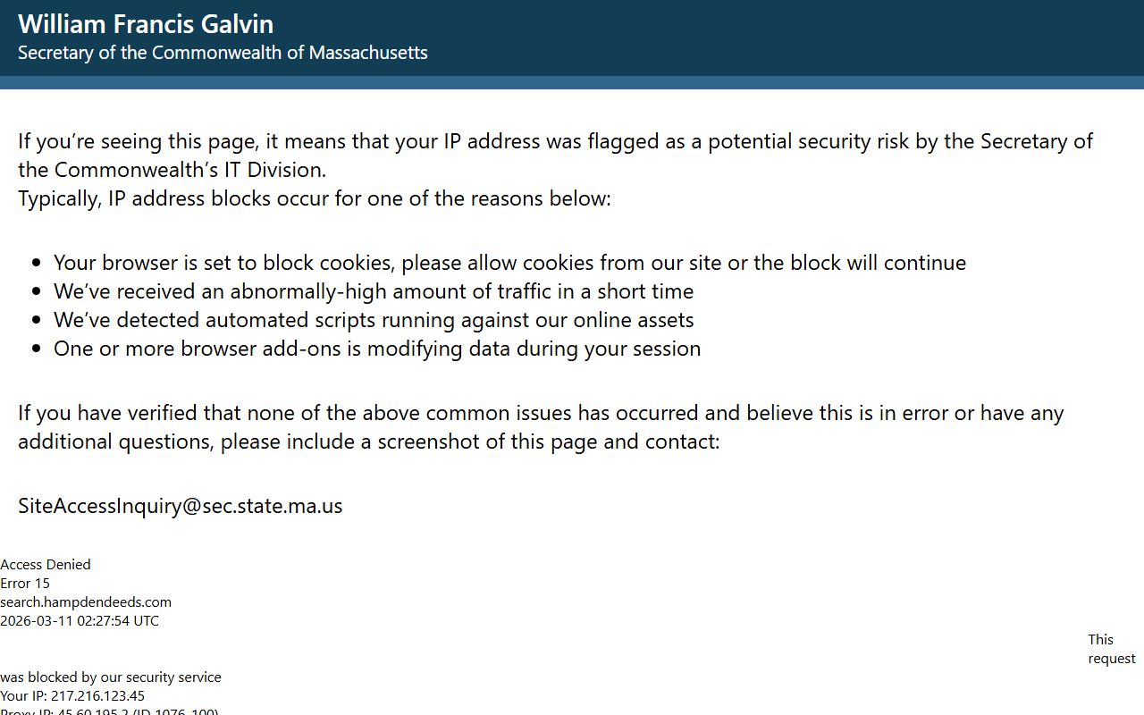 Hampden County Registry of Deeds search portal for Hampden County property records