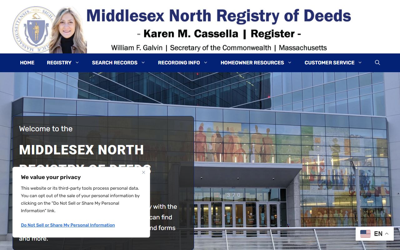 Middlesex North Registry of Deeds homepage for Middlesex County property records