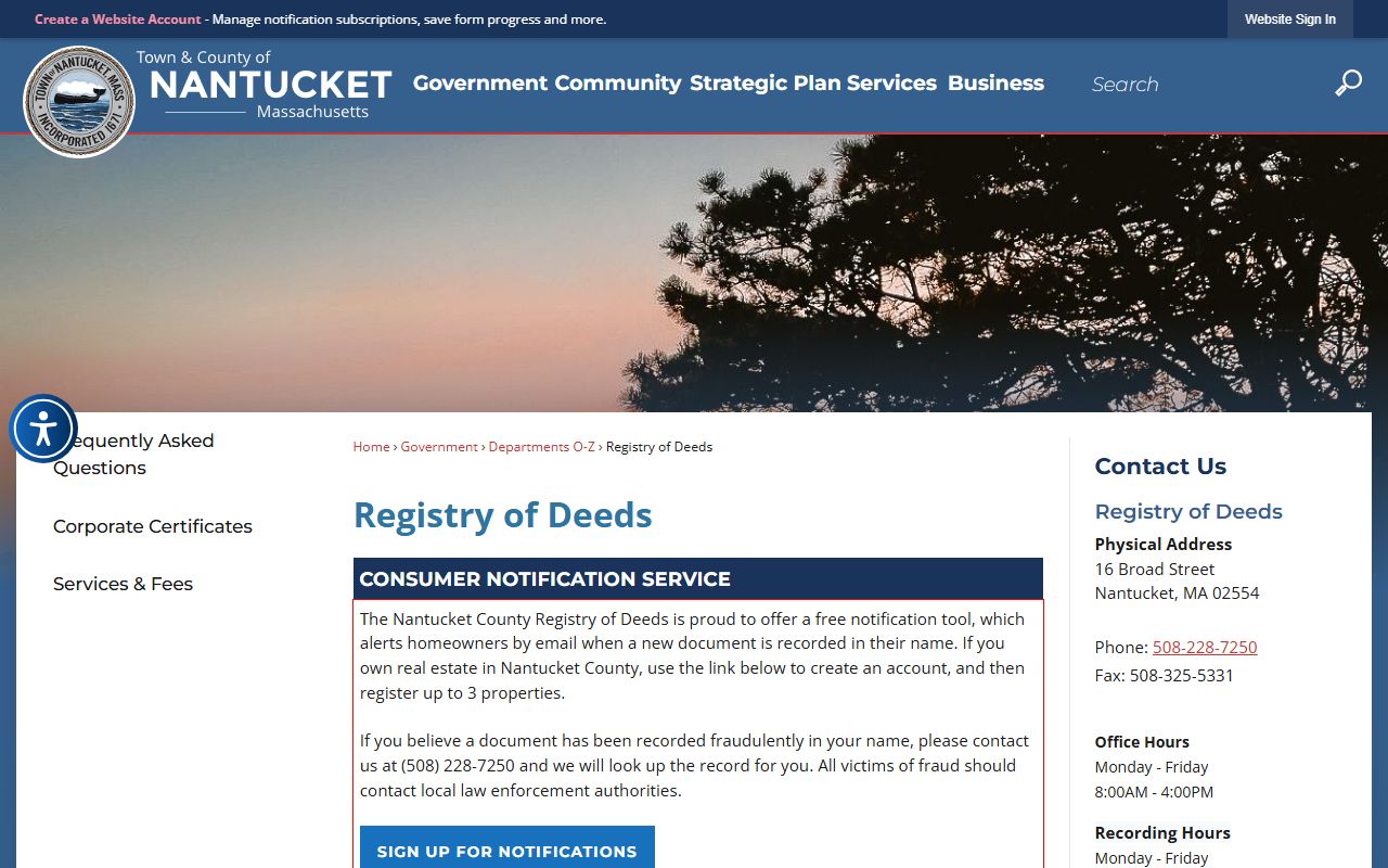 Nantucket County Registry of Deeds page for Nantucket property records