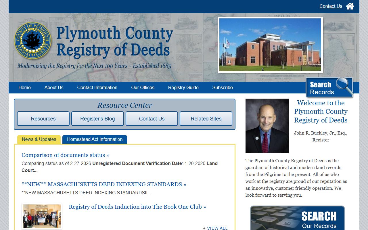 Plymouth County Registry of Deeds homepage for Plymouth County property records