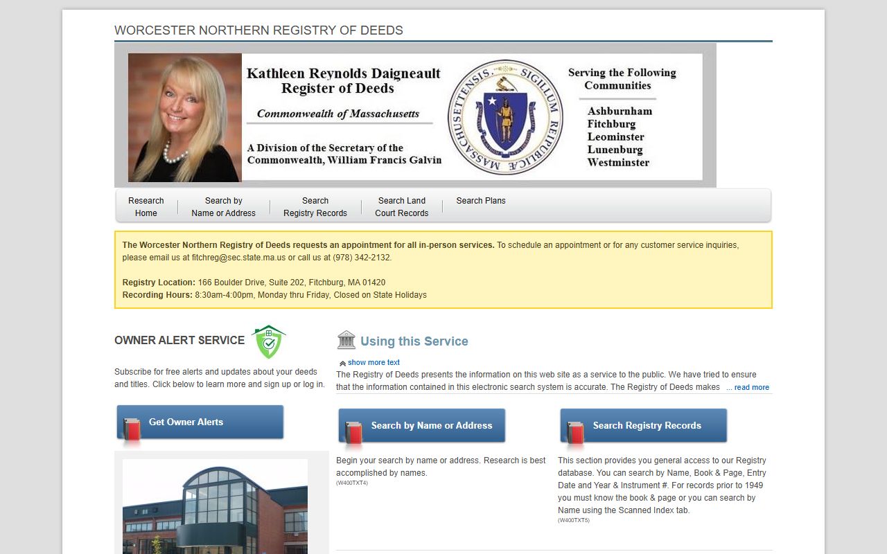 Worcester North Registry of Deeds website for Worcester County property records