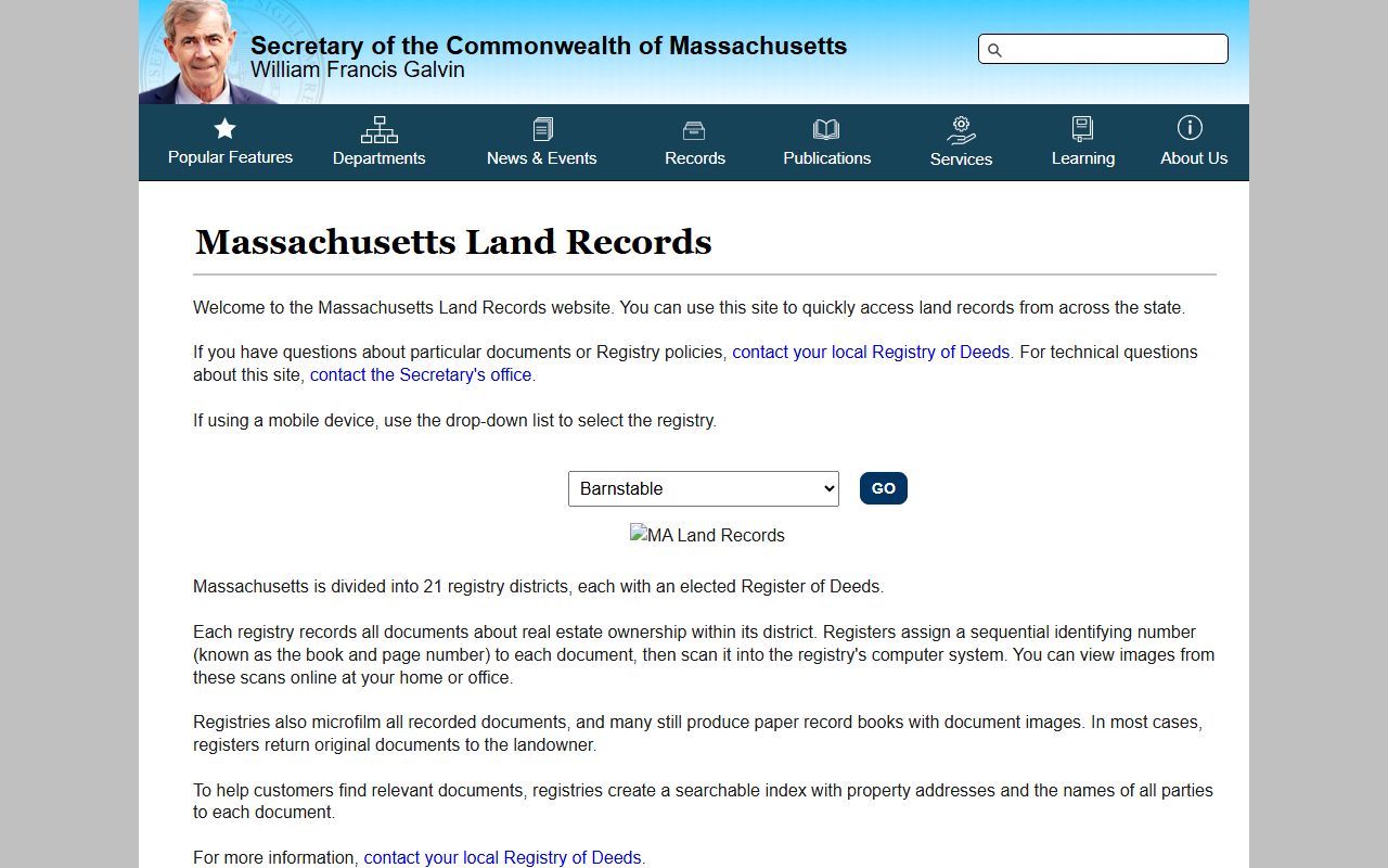 Massachusetts Land Records Portal homepage - search property records across all 21 registry districts