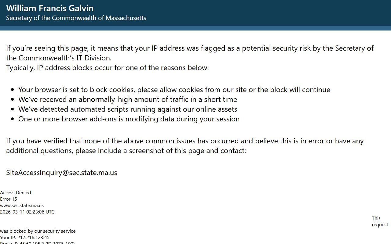 Massachusetts Secretary of State Registry of Deeds website with recording information and fee schedules